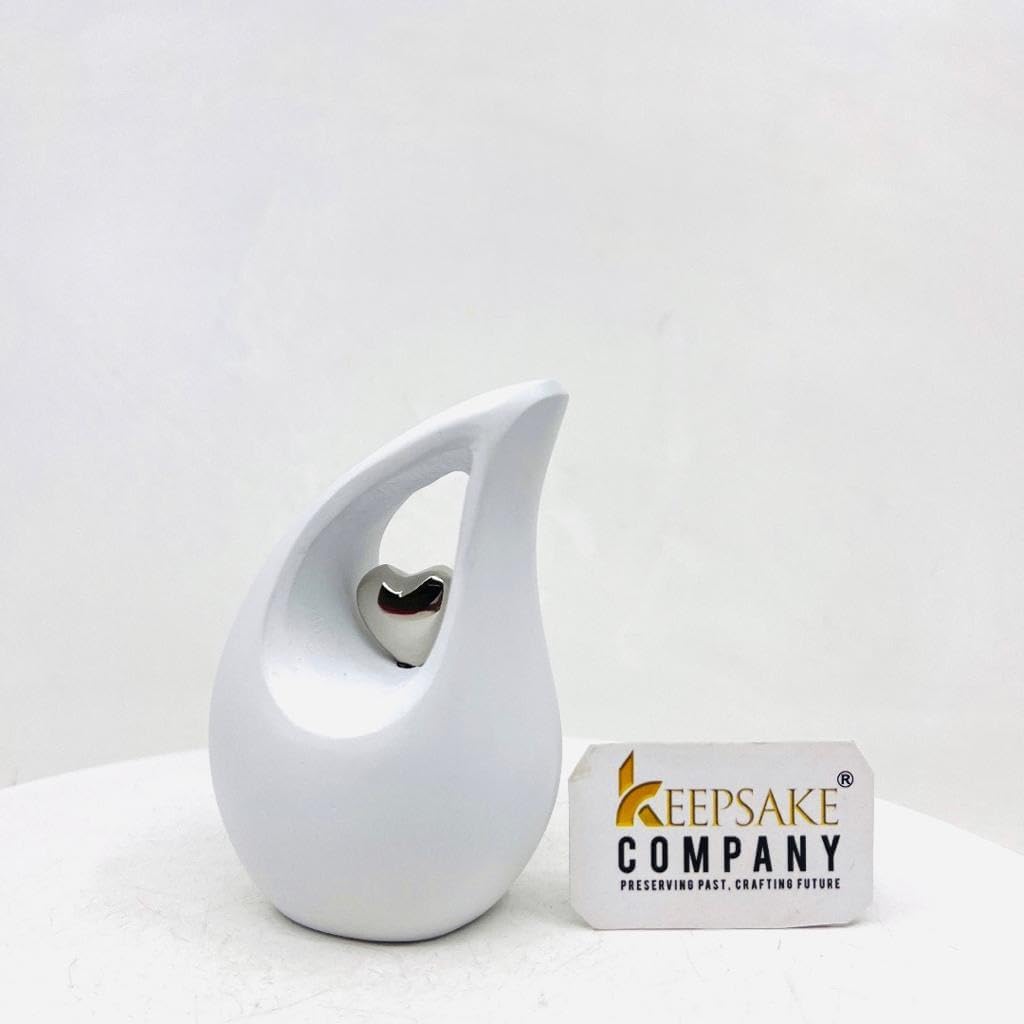 White Teardrop Small Urns for Human Ashes/Mini Urn with Sky Blue Heart/Cremation Keepsakes for Ashes/Ash Holders (White Matte, Extra Small - EXS (3 Cu in))