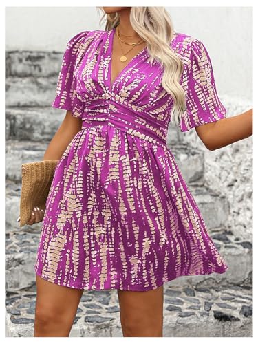 Image of Floerns Women's Plus Size Printed V Neck Short Sleeve Ruffle Hem Summer Short Dresses