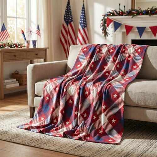 Horaldaily 4th of July Flannel Blanket Throw Red Buffalo Plaid Stars Independence Day Memorial Day Soft Fuzzy Plush Cozy Fleece Blankets for Couch Sofa Bed Decor Ideal Gifts for Kids Adults 50x60