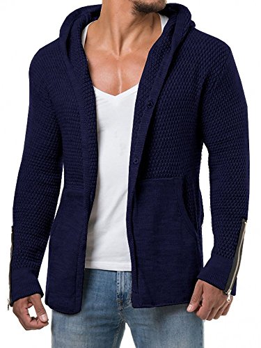 Hestenve Mens Knitted Long Sleeve Pullover Chunky Hooded Sweater Button Down with Pocket
