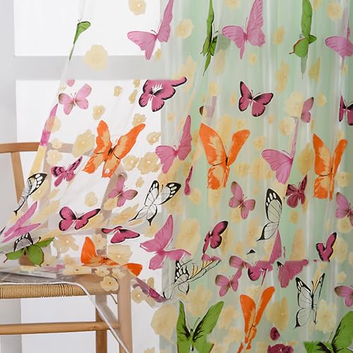 YiJPXinADZ Rideau de fenêtre en tulle avec motif papillon 100 x 200 cm, pour salon, chambre à coucher et café – Voilage brodé floral