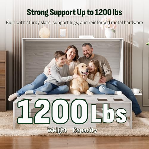 Image of Softa Murphy Bed Full with Drawer, 1200Lb Support, Fold-Down Side Table & Charging Station, Mattress Storage Space, No Box Spring Needed, Space Saving Murphy Bed Cabinet for Guest Room & Home Office