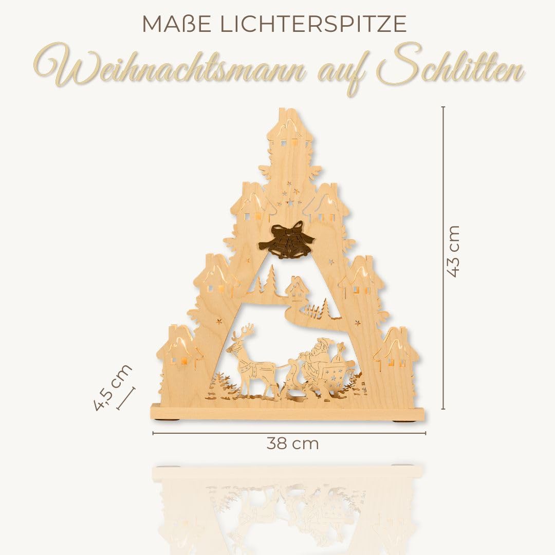 WEIGLA - Lichterspitze original Erzgebirge I Motiv Weihnachtsmann auf Schlitten I LED Lichterbogen Weihnachten I 7 Lampenkerzen + 1 Ersatzlampe I 7 x 34 V, 0,2 W, E10 I Weihnachtsdeko innen I aus Holz