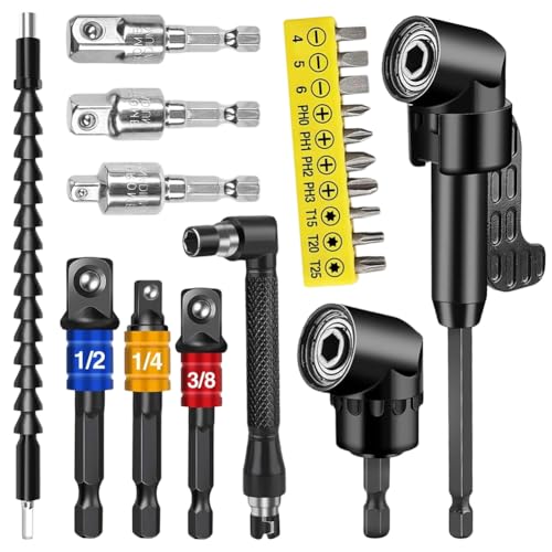 20-Piece 105° Angle Screwdriver Attachment Set, Angle Drill Attachment & Angle Attachment for Cordless Screwdrivers with Extension, Angle Screwdriver & Angle Gear for Cordless Screwdriver, Flexible