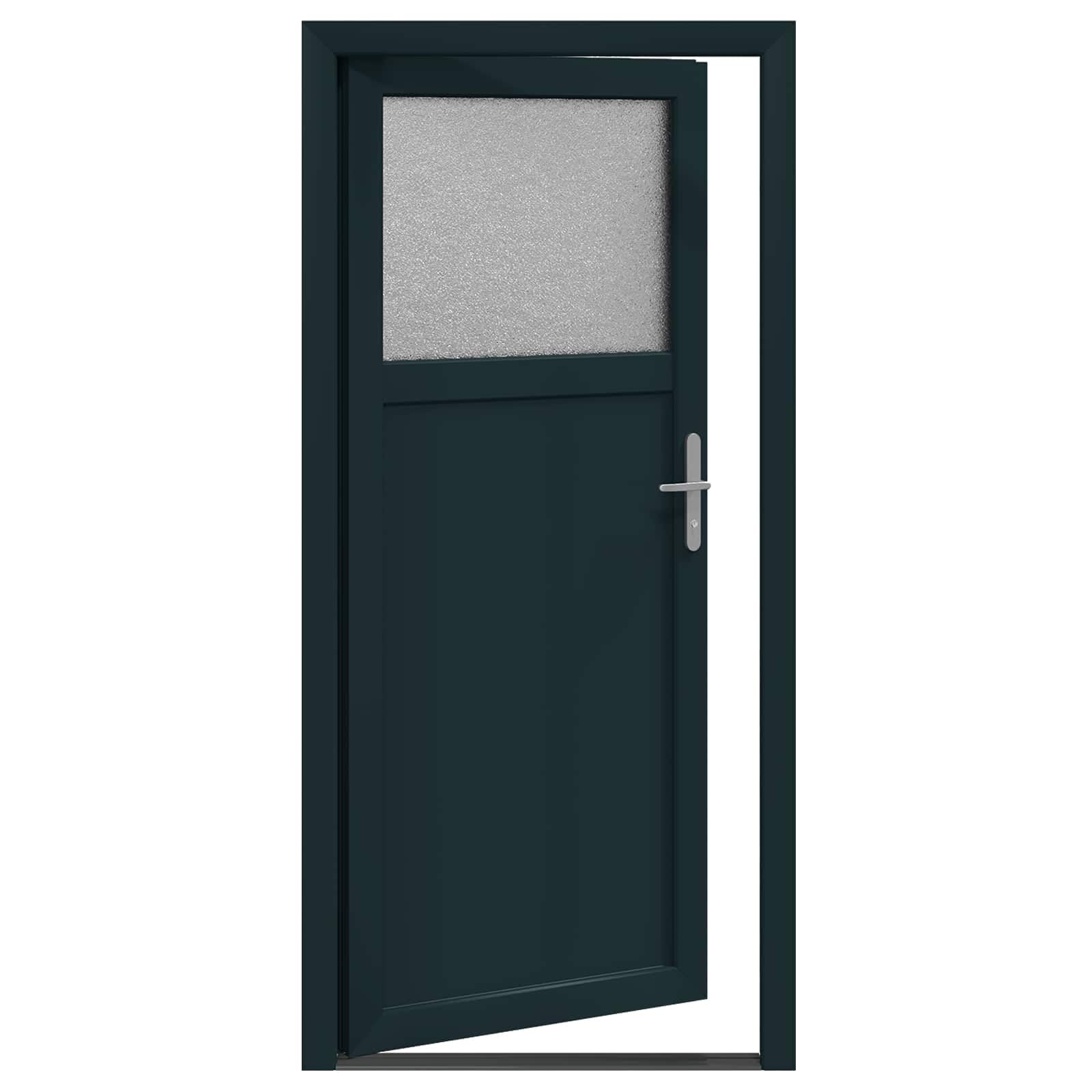 Boczne drzwi wejściowe antracytowe 98 x 198 cm PCW ze stalowym rdzeniem 5-punktowe grzybkowe zamknięcie na sztyft, próg aluminiowy i oszklenie chroniące przed ciepłem, DIN lewe