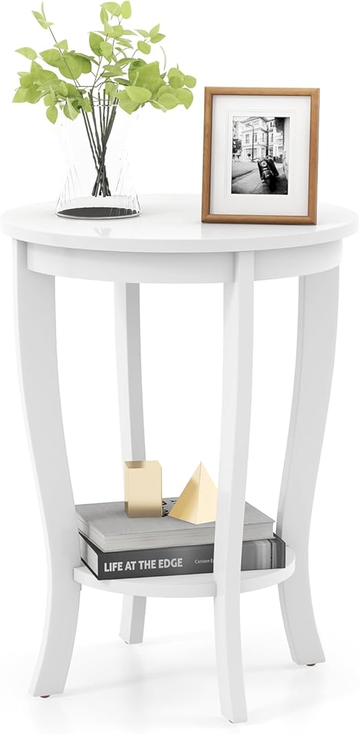 GOFLAME 2-Tier Round End Table, 18” Sofa Side Table with Storage Shelf, Floor Tea Table with Solid Wood Legs, Compact Nightstand for Small Space, Living Room, Bedroom, White