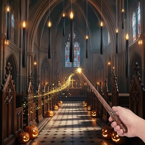 Meigic 10PCS Black Floating and Hanging Flameless Taper Candles with Wand Remote Battery Operated Gothic Halloween Candles with Flickering Amber Glow for Haunted House Witchy Dinner Ceiling Decor