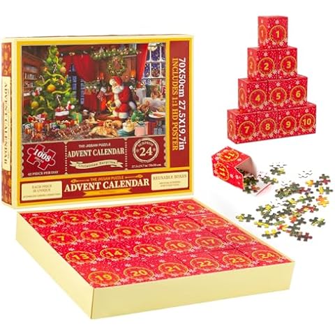 AMEITECH Advent Calendar 2024 Puzzles for Adults Kids,1008 Piece Christmas Countdown Calendar Jigsaw Puzzle, Family Funny Christmas Game Gift Holiday Santa Puzzle, 19.7inch x 27.6 inch Cover