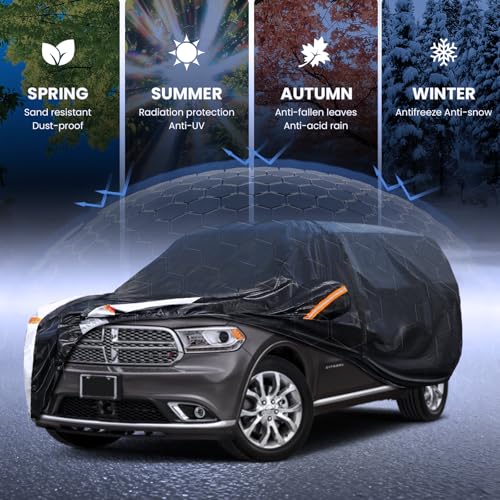 Image of Multi-Layer Car Cover Custom Fit for Dodge Durango(1998-2026), 100% Waterproof All Weather for Automobiles, Gift with Towel, Heavy Duty Car Covers for Rain Sun UV Protection with Door Zipper