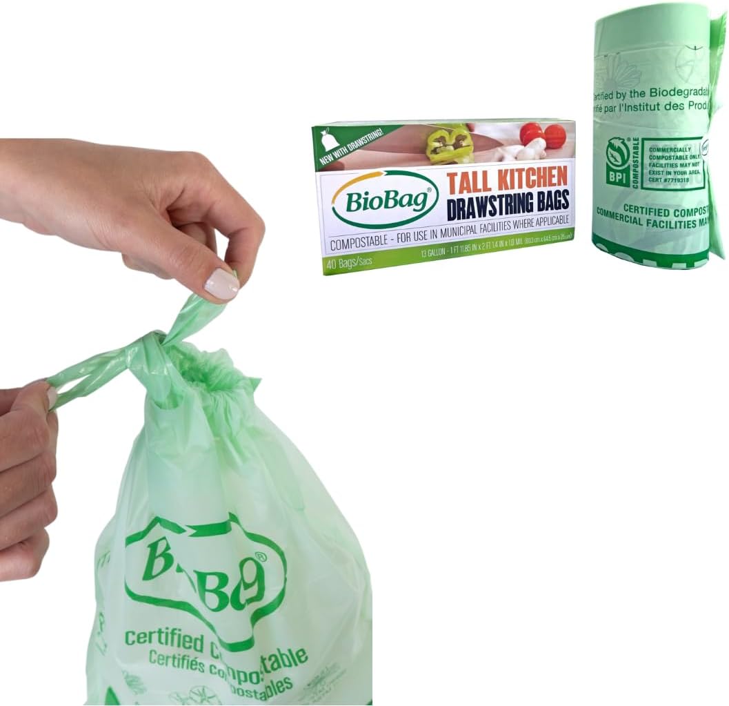 13 Gallon BioBag Compostable Drawstring Food Scrap Bags – BPI & ASTM D6400 Certified Kitchen Bin Liners – Heavy‑Duty Commercial Food Waste Trash Bags – 40 Count – Made in USA