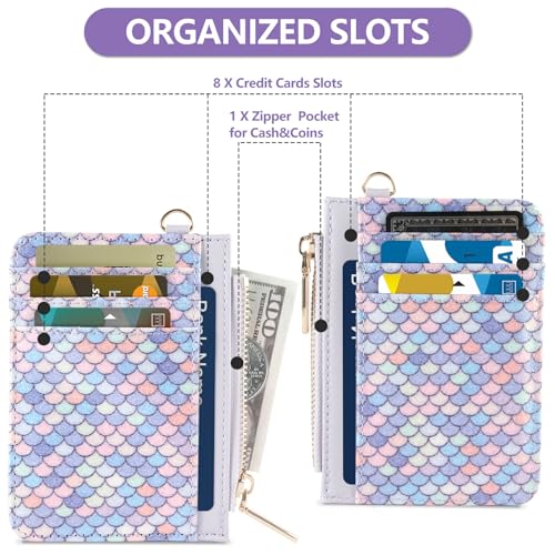 Small Wallet Mermaid RFID Protected Leather Credit Card Holder Slim Wristlet Strap Wallet with Zipper Pocket, Card Organizer for Women Girls(Light Purple)2