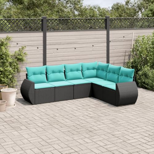 QUAHEAS Salon de Jardin 6 pièces en résine tressée Noire avec Coussins Bleus modulable encastrable pour terrasse Balcon extérieur, Ensemble canapé Fauteuil Banquette résistant pour détente Repas