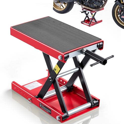 Image of VEVOR Motorcycle Lift, 1100 lbs Motorcycle Scissor Lift Jack with Wide Deck & Lock Pin, 3.74 inch-13.38 inch Center Hoist Crank Stand, Steel Scissor Jack for Street Bikes, Cruiser Bikes, Touring, Red /Black