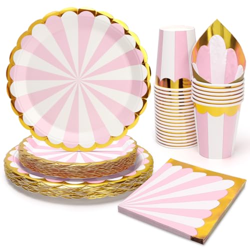 PARTY GO Lot de 96 pièces de vaisselle de fête à rayures roses et blanches sur le thème du cirque - Accessoires de fête d'anniversaire (24 invités)