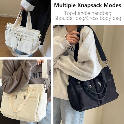 KAMEILONG Womens Casual Corduroy Tote Bags with Multiple Pockets Hobo Crossbody Bag Travel Shoulder Bags Cute Purse Handbag (Bow White) by KAMEILONG - Used condition - Image 2