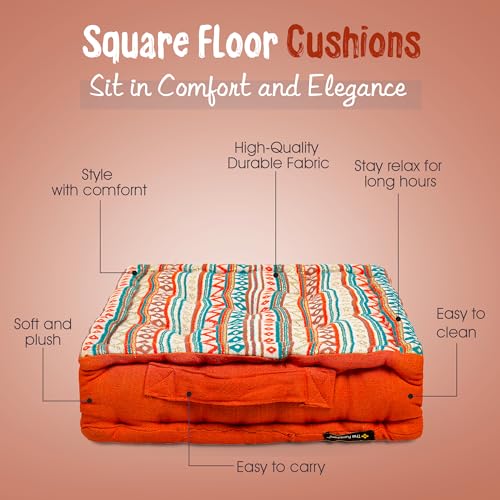 Image of Weaved Quilted Floor Cushion Set 40x40x8 cm with Cotton Filler & Back Cushion, Small Size for Seating, Patio Seat, Meditation, Yoga, Pooja, Guests, Living - Orange Boho