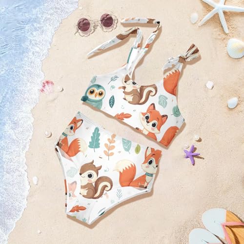 Girls' Bikini Set, Cartoon Rabbit Squirrel Fox Owl Leaf Kids Swimsuit 2 Pcs Beach Bathing Suit4