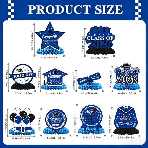 Image of Graduation Decorations 2026, 10PCS Graduation Centerpieces for Table Blue Black Graduation Party Decoration Class of 2026 Congrats Grad Honeycomb Centerpieces Table Decor for Graduation Party Supplies