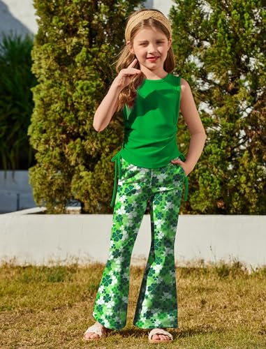 Image of Arshiner Toddler Girl Clothes 2 Piece Outfits Side Adjustable Drawstrings Tank Tops and Flare Leggings Pant Set