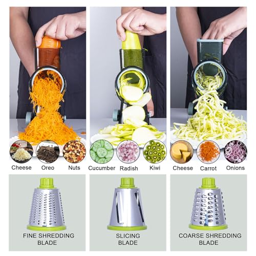 Rotary-Cheese-Grater-Cheese-Shredder-Cheese-Grater-Handheld-with-Strong-Suction-BaseKitchen-Vegetable-Slicer-3-Replaceable-Stainless-Drum-Blades-for-Fruit-Food-NutsEasy-to-Use-Clean-Green