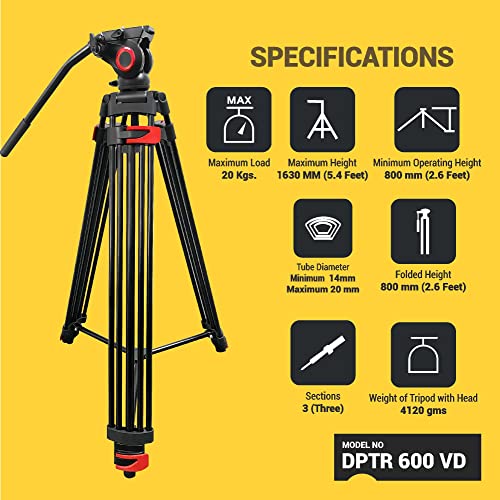 Image of DIGITEK (DPTR-600VD) 163CM Platinum Heavy Duty Video Tripod, 2-Way Pan Head, Max Load 20kg, Black, Rubberized Legs, Bubble Head, 3-Section Adjustment, 4.1kg Weight, for DSLR Cameras & Video Camcorders