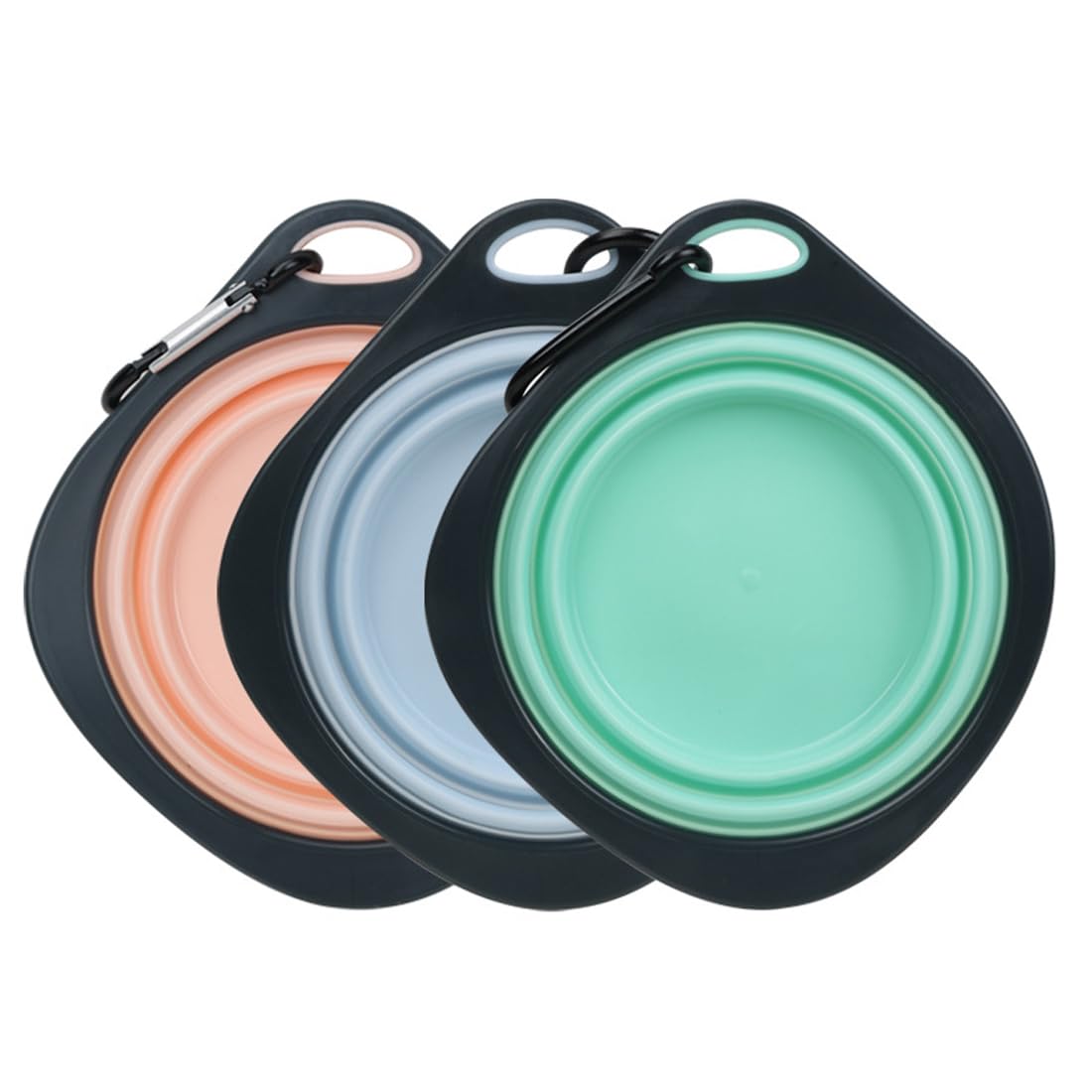 Juego de 3 cuencos plegables para perros con mosquetón, forma de una sola pieza, sin caídas ni grietas, cuenco de silicona para mascotas, paseos (rosa, azul, verde)