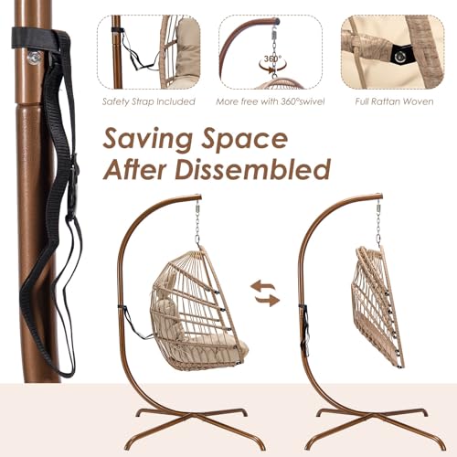 NICESOUL Hanging Egg Chair with Stand Indoor Outdoor, Comfy Patio Rattan Swing Hammock Chairs with Cushion, 350lbs Capacity Egg Shaped Chair for Lawn Backyard Balcony Bedroom, Birthday Gift, Beige