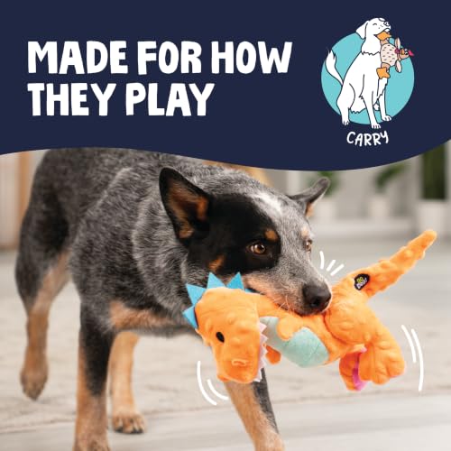 Image of goDog Dinos T-Rex Squeaky Plush Dog Toy with Chew Guard Technology, Durable Fabric & Squeaker for Active Play, Orange, Medium