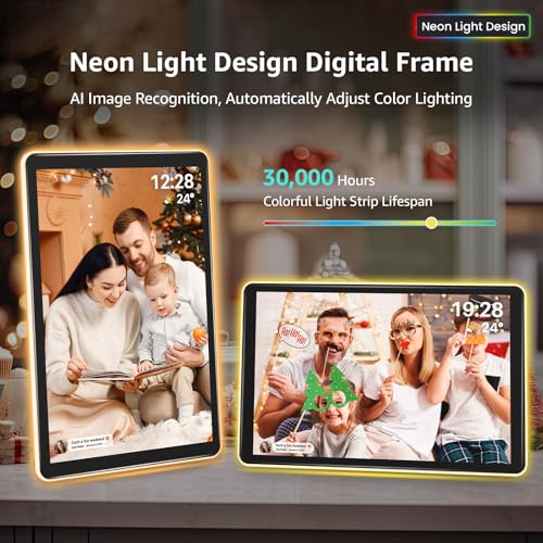 ApoloSign Neon Light Digital Picture Frame – 10.1″ HD Display | AI Color-Changing LED Strip Digital Photo Frame | Quick Share Photos/Videos, Easy Setup in Frameo App | Best Digital Frame for Gifting