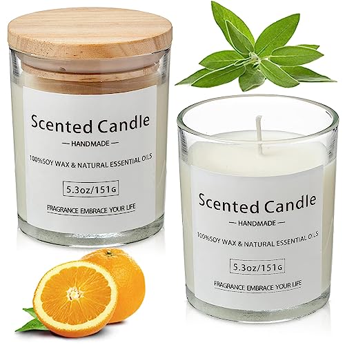 2 Pack Scented Candles Gifts for Women , Sage and Orange Lavender and Lemon Candle Gift Set, Ideal Gifts for Birthday, Valentines Day, Christmas Day