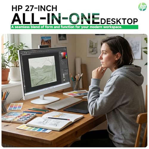Image of HP All in One Desktop Computer 27 Inch, AMD Ryzen 5 7520U, AMD Radeon Graphics, 16GB DDR5, 1TB SSD, FHD (1920 x 1080) Anti-glare Touchscreen, Wi-Fi 6, Windows 11 Pro, Headphone and Mouse Accessory Kit