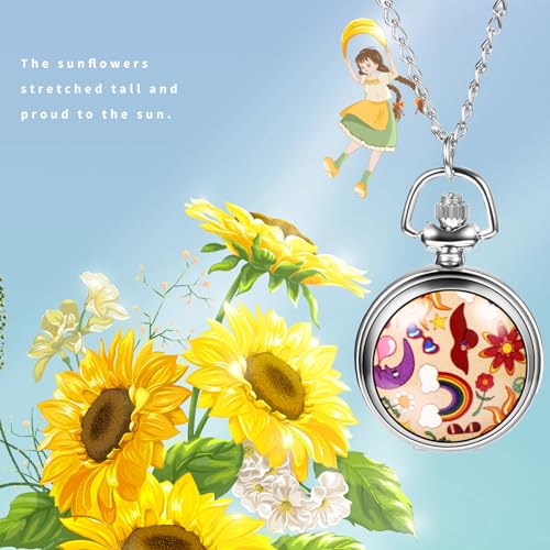 Image of Avaner Flower Printing Pocket Watches: Colorful Flower Analog Quartz Silver Pocket Watches with Chain for Men and Women