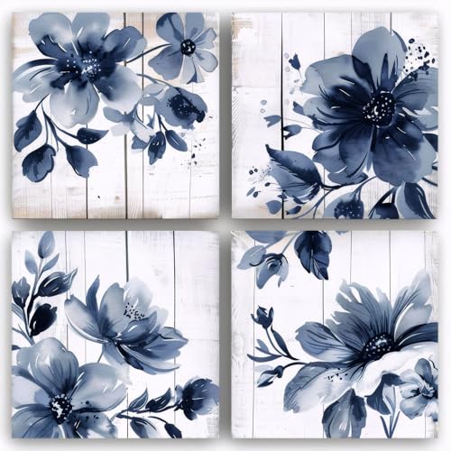 The Mode Art 4 panel Grey and Navy blue Flowers