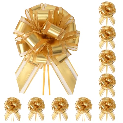 TIMESEEK 10-Pack Metallic Gold Pull Bows for Gift Wrapping - 6 Inch Reusable Ribbon Bows Large Instant Floral Decor Bow for Wedding Christmas Birthday Decor Gift Basket & Party Decorations