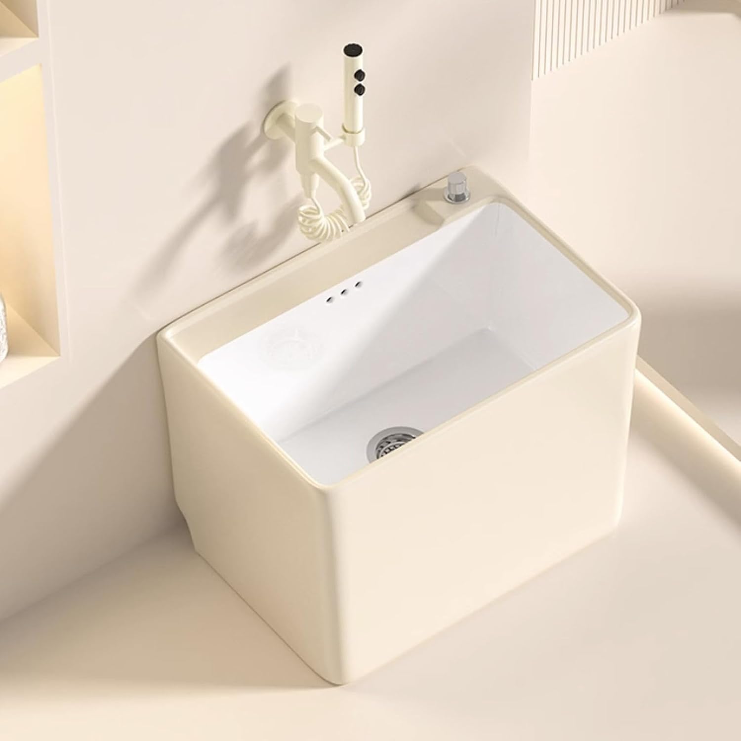 セラミックモッププール、モップサービス洗面台、床置きモップシンク、フロアモップシンク、排水ボタンと蛇口付き自立型ユーティリティシンク