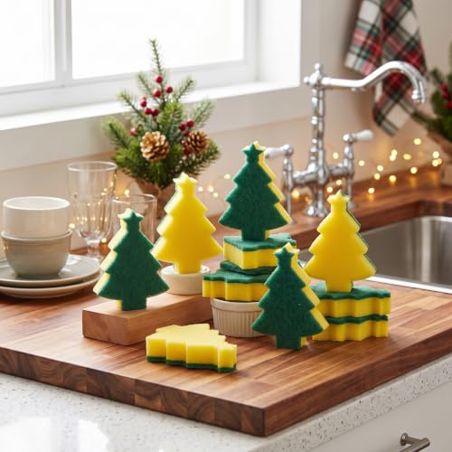 Image of Tioncy 12 Pack Christmas Tree Kitchen Sponges Bulk Green and Yellow