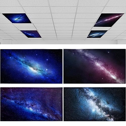 Image of ROCEEI Pack of 4 Fluorescent Light Covers for Ceiling Lights, 4 x 2 Ft, Magnetic Light Covers for Classroom Office Home School Ceiling Decor(Galaxy)