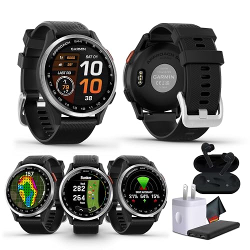 Garmin Approach S44 Essential Golf Watch with GPS, AMOLED Display, Sports and Fitness Smartwatch, Silver Aluminum Bezel with Black Silicone Band with Wireless Air Buds