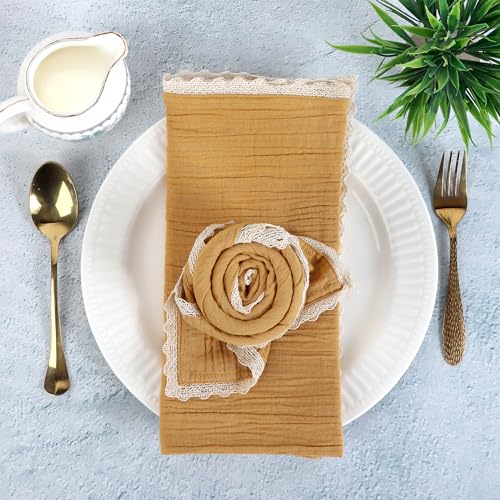 Image of FINGERCRAFT Cloth Napkins Set of 8, 20x20 Inch, Soft Cotton Muslin Dinner Napkins with Lace Edge, Reusable Washable Table Napkins for Wedding, Party, Dining & Home Decor (Gold)