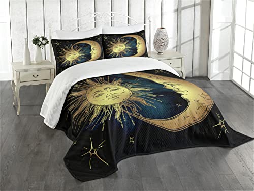 Ambesonne Psychedelic Bedspread, Moon And Sun In Antique Style Lunar Myth Astrology Art Print, Decorative Quilted 3 Piece Coverlet Set With 2 Pillow Shams, King Size, Navy Yellow #TOP15