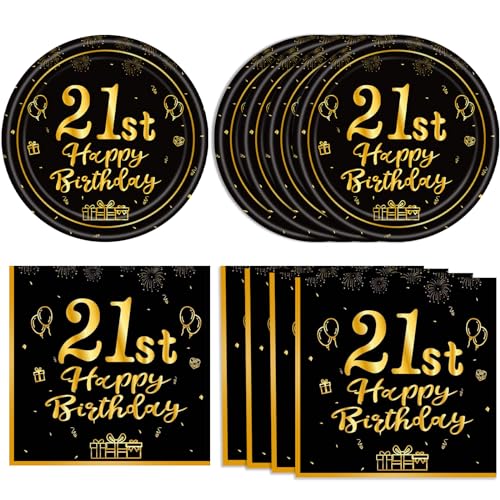 40 Pcs 21st Birthday Decorations for Him Men Happy 21 Bday Decor Black and Gold 21 Years Tableware Table Decor 21st Birthday Plates Napkins for Her Women Party Supplies