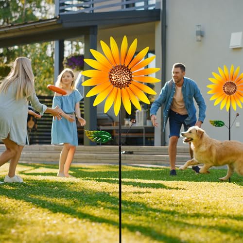 pearlstar Sonnenblume Windrad Metall, 2er-Pack Windspiel Garten Mit Metallpfahl, 94cmx25cm Windspinner Gartendeko Für Draußen Balkon Terrasse Rasen