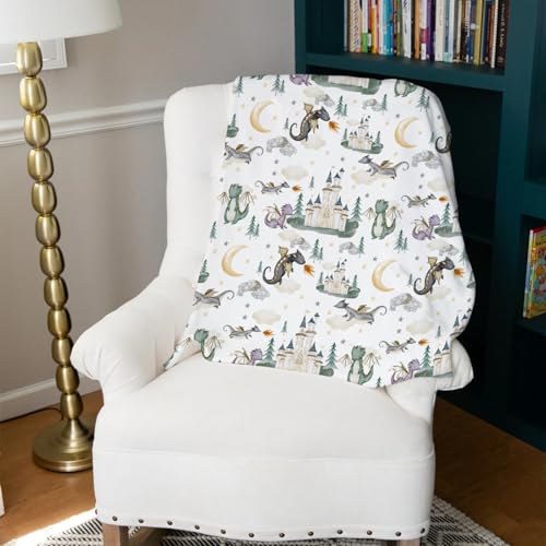 Image of Baby Boy Girl Blankets Dragon Tale Castle, Watercolor Green Moon Clouds Stars Tree Soft Lightweight Nursery Receiving Swaddle, Flannel Newborn Infant Toddler Crib Bedding Kids Gift 30 x 40