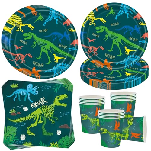 Omzsxk Vajilla De Fiesta De Dinosaurio Para 16 Invitados, Plato De Cumpleaños, Vajilla, Decoración De Dinosaurio, Platos De Papel, Servilletas