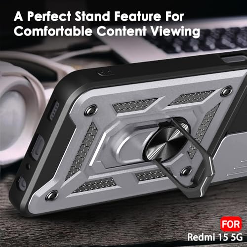 Image of TheGiftKart Tough Armor Bumper Back Cover Case for Mi Redmi 15 5G | Sliding Camera Cover, Kickstand & Ring Holder | 360 Degree Protection Back Cover Case for Redmi 15 5G (PC & TPU, Silver)