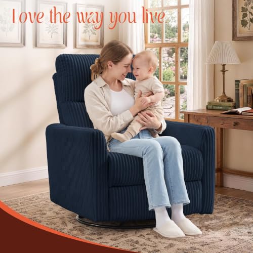Image of Korser 360 Swivel Glider Rocker Manual Recliner, High Back Corduroy Recliner with Curved Armrests, Blue Nursery Rocking Reclining Chair for Living Room Bedroom Adults