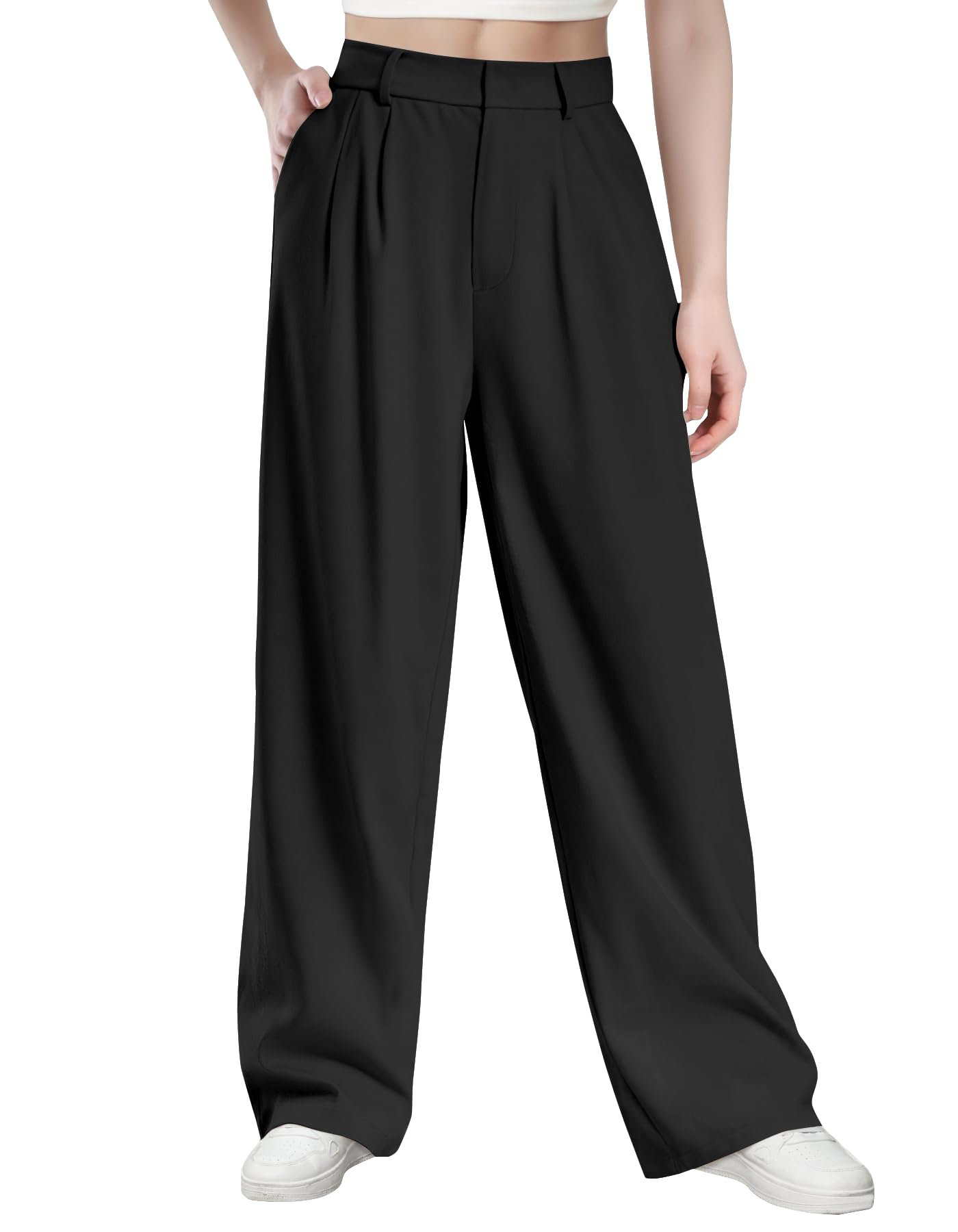 Glacspyg Damen Hohe Taille Freizeithosen Hochdichter Polyester Elasthan Stoff Business Arbeitshosen Glatte Elegante Weite Hosen mit Taschen