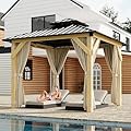 HarmonyHealth 12 x 16 Ft Wood Gazebo, Upgrade Wooden Frame, Double Galvanized Steel Roof, Hardtop Gazebo with Nettings and Curtains for Backyard, Patio, Garden and Lawn, Khaki
