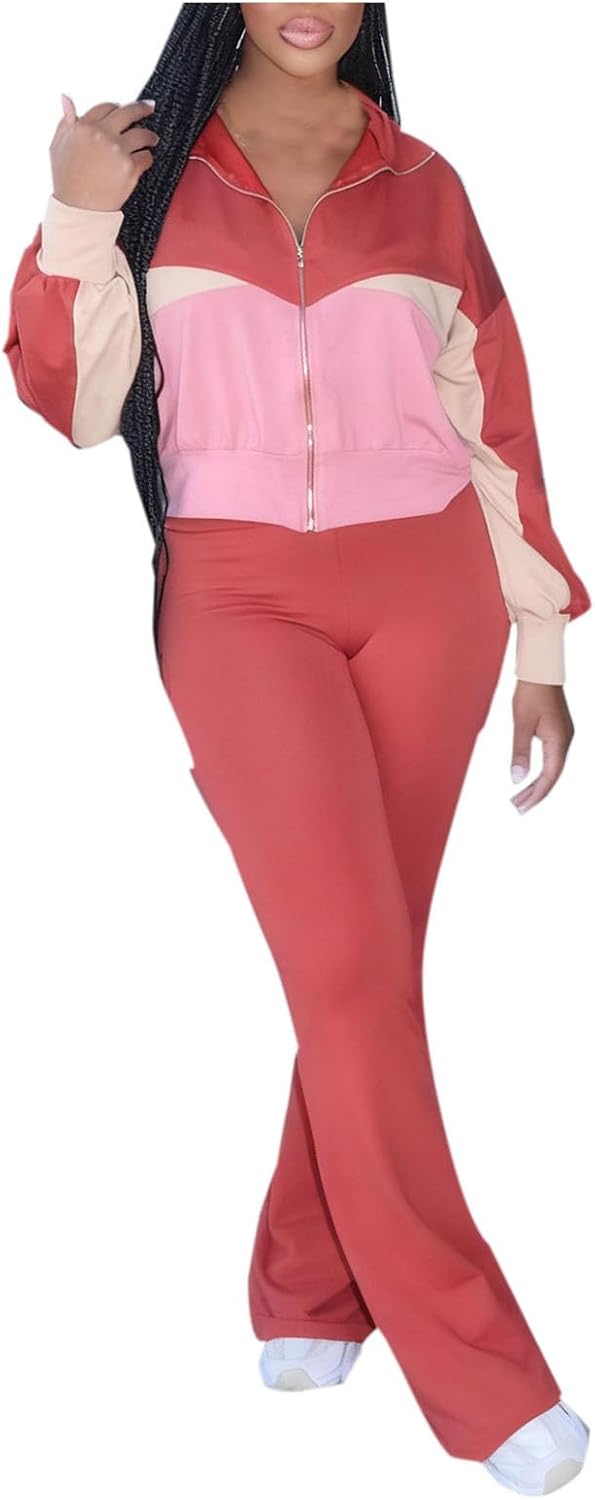 Women's Color Block 2 Piece Tracksuit Sets Long Sleeve Collared Zip Up Crop Jacket and Flare Pants Casual Y2K Outfits