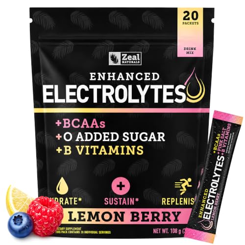 Enhanced Electrolyte Powder Stick Packs (Lemon Berry | 20 Packets) w/ 0 Sugar +BCAAs +B-Vitamins Electrolyte Supplement w Potassium Zinc & Magnesium for Hydration - Keto Electrolytes